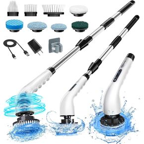 Electric Spin Scrubber Bathroom - Adjustable Handle Cordless Shower Scrubber, 2 Speeds, Bathroom Scrubber with 8 Replaceable Brush Heads, Power Scrubber for Bathtub Cleaning