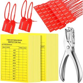 Chunful 101 Pieces Monthly Fire Extinguisher Inspection Tags 2025 to 2028 Maintenance Tags and Plastic Tamper Seals Numbered Security Tags with Handheld Hole Puncher(Yellow) in Kuwait