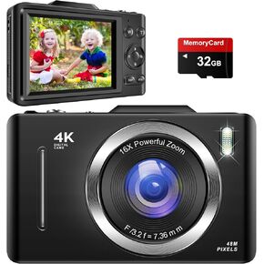 Kids Camera, FHD 1080P Camera with 32GB Card, 16X Zoom, and Anti-Shake. 48MP Compact Design,Compact Small Camera for Boys Girls Kids.Black