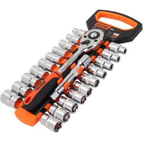KSEIBI 101815 22-Piece 1/2-Inch Drive Standard Socket and Ratchet Set, Metric and SAE (22 Pack-1/2 Inch)