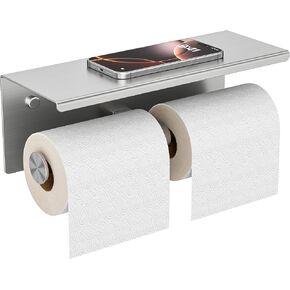 FORIOUS Double Toilet Paper Holder with Shelf, 304 Stainless Steel Wall Mount Tissue Roll Holder for Bathroom, Commercial Toilet Paper Dispenser with Phone Shelf, Matte Black
