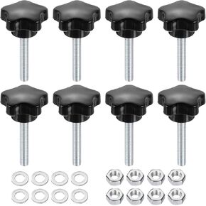 uxcell 8pcs Star Clamping Knobs with Nuts Washers, M8 x 25mm Metric Zinc Plated Carbon Steel Male Thread 31mm 5-Star Plastic Head, Threaded Stud Hand Knobs Handles Thumb Screws, Black