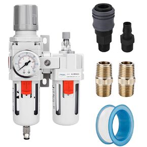 NANPU 1/4" NPT Compressed Air Filter Regulator Lubricator Combo Water/Oil Trap Separator - Gauge(0-150 psi), Poly Bowl, Semi-Auto Drain, Bracket - 3 in 1 Two Unit