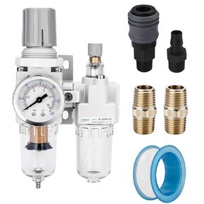 NANPU 1/4" NPT Compressed Air Filter Regulator Lubricator Combo Water/Oil Trap Separator - Gauge(0-150 psi), Poly Bowl, Semi-Auto Drain, Bracket - 3 in 1 Two Unit