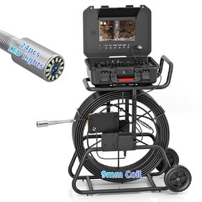 Sanyipace Sewer Camera 328FT/100M with 512Hz Transmitter, Self-Leveling, Drain Plumbing Pipe Inspection Camera with Mic Speaker, DVR Recorder, 16GB TF Card, 9mm Rigid Cable, Pipe Pulley Guide Wheel