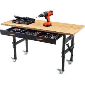 Work Bench, 60" Adjustable Workbench, Heavy Duty Bamboo Workbench Garage Work Table, 2700 LBS Load Garage Work Bench with Drawer Storage & Power Outlet and Wheels for Garage/Kitchen/Home/Office in Saudi Arabia