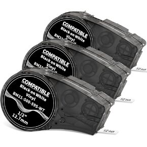 Compatible M21-750-595-WT 3/4 Inch Vinyl Label Tape, for M210, M210LAB, M211, BMP21-PLUS, BMP21-LAB, High Adhesion, Indoor or Outdoor, Lab and Equipment Labeling, Black on White, 0.75" W 21' L, 3-Pack
