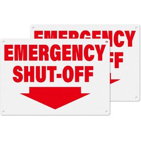2 Pack Emergency Shut-Off Sign 10×7 Inches Pre-Drilled Holes Self Adhesive Waterproof Placard Aluminum Metal Reflective Warning Notice for Car Factory Valve Machinery