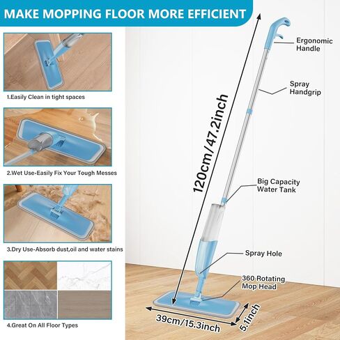 Spray Mops Wet Mops for Floor Cleaning - MEXERRIS Microfiber Dust Mop with 3X Washable Pads Floor Mop with Sprayer Wood Floor Mops Commercial Home Use for Wood Floor Hardwood Laminate Ceramic Tiles in Saudi Arabia