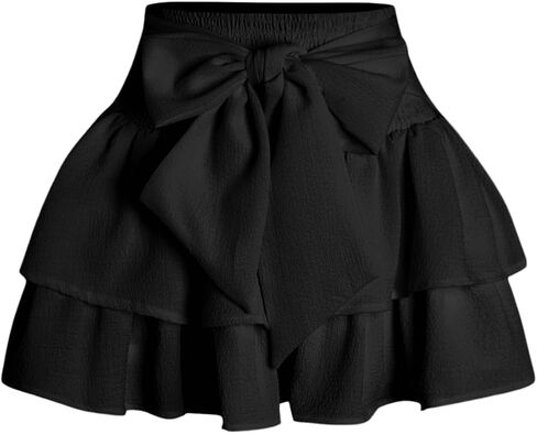 Women's Bow Front Mini Skirt High Shirred Waist Layered Ruffle Hem Short Cake Skirts in Kuwait