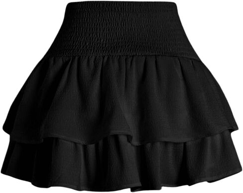 Women's Bow Front Mini Skirt High Shirred Waist Layered Ruffle Hem Short Cake Skirts in Kuwait