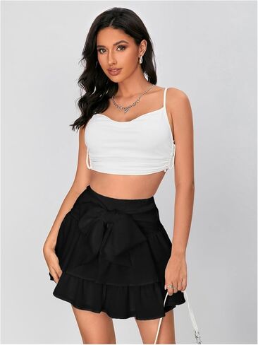 Women's Bow Front Mini Skirt High Shirred Waist Layered Ruffle Hem Short Cake Skirts in Kuwait
