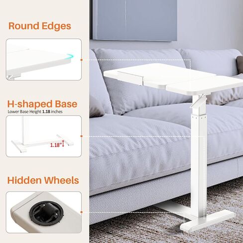 Overbed Bedside Table with Wheels, Pneumatic Height Adjustable Overbed Table, Rolling Laptop Table with Tilting Desktops, Hospital Bed Table, Mobile Standing Desk for Laptop Bed Sofa Side Table in Saudi Arabia