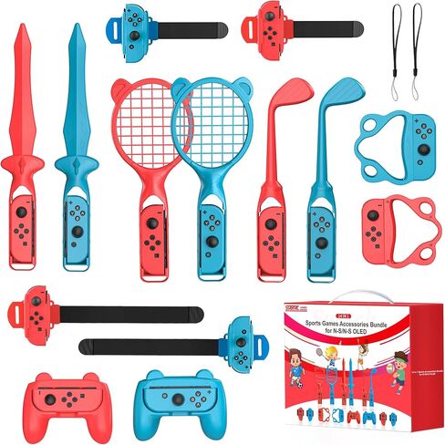 Switch Sports Accessories Bundle, 18 in 1 Sports Accessories Kit for Nintendo Switch/Switch OLED, Family Accessories Bundle Kit for Switch Sports Games with Golf Clubs, Tennis Rackets, Swords in Saudi Arabia