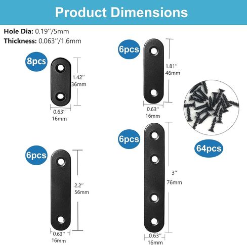 QSJ 26 Sets Flat Plate Straight Bracket Flat Brace Bracket Stainless Steel, 36mm/46mm/56mm/76mm Wood Brackets Mending Repair Plate Brace in Kuwait