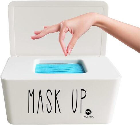 Moorfowl Face Mask Dispenser with Lid, Upgrade Size(8.2" L x 4.9" W x 3.9" H), Mask Container Storage Tabletop Face Covering Organizer Box for Home, Office, Entryways, Schools (White(Mask UP)) in Kuwait