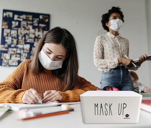 Moorfowl Face Mask Dispenser with Lid, Upgrade Size(8.2" L x 4.9" W x 3.9" H), Mask Container Storage Tabletop Face Covering Organizer Box for Home, Office, Entryways, Schools (White(Mask UP)) in Kuwait