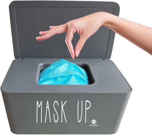 Moorfowl Face Mask Dispenser with Lid, Upgrade Size(8.2" L x 4.9" W x 3.9" H), Mask Container Storage Tabletop Face Covering Organizer Box for Home, Office, Entryways, Schools (White(Mask UP)) in Kuwait
