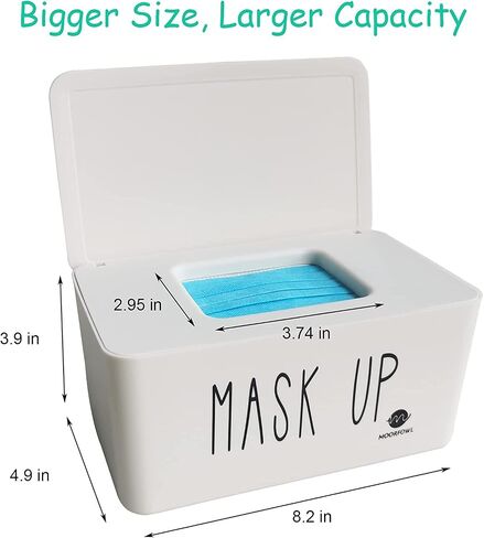 Moorfowl Face Mask Dispenser with Lid, Upgrade Size(8.2" L x 4.9" W x 3.9" H), Mask Container Storage Tabletop Face Covering Organizer Box for Home, Office, Entryways, Schools (White(Mask UP)) in Kuwait