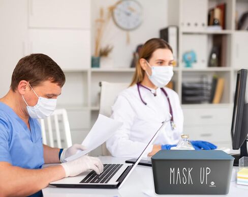 Moorfowl Face Mask Dispenser with Lid, Upgrade Size(8.2" L x 4.9" W x 3.9" H), Mask Container Storage Tabletop Face Covering Organizer Box for Home, Office, Entryways, Schools (White(Mask UP)) in Kuwait