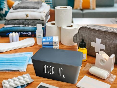 Moorfowl Face Mask Dispenser with Lid, Upgrade Size(8.2" L x 4.9" W x 3.9" H), Mask Container Storage Tabletop Face Covering Organizer Box for Home, Office, Entryways, Schools (White(Mask UP)) in Kuwait