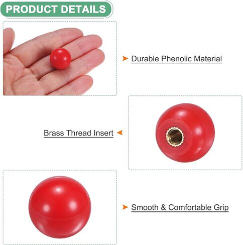 12-Pack Threaded Ball Knobs, M6 Female Thread 25mm Dia. Thermoset Ball Knob for Lathe/Machine/Lawn Mowers, Round Phenolic Brass Insert Lever Handle [Red] in Saudi Arabia