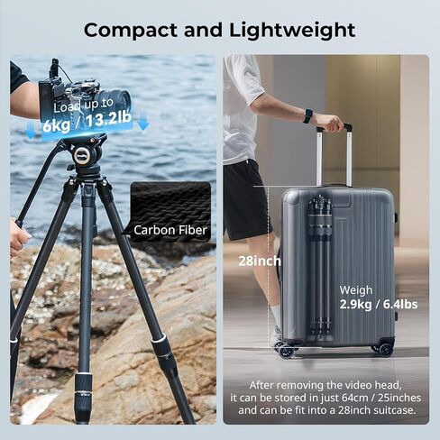 SmallRig FT-S303 FreeSpeed Carbon Fiber Tripod, 55'' Travel Video Tripod with One-Twist Height Adjustment, 65mm Bowl Adapter, Weighs 4.6lbs, Max Load 33lbs / 15kg for DSLR, Camera, Camcorder - 4645 in Saudi Arabia