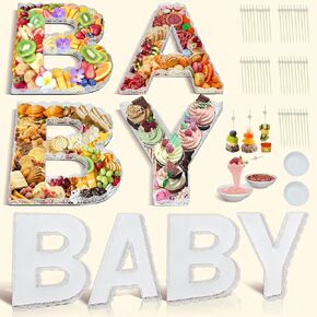 6 Pcs Metal Baby Charcuterie Board Letters, Baby Shaped Letter Serving Tray Dish with 2 Dipping Saucers and 50 Bamboo Sticks, Food Cake Platter for Baby Shower Birthday Party Gender Reveal Decorations