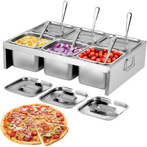 Pizza Topping Station 6x2L Pizza Topping Containers Stainless Steel Condiment Containers with Lids&Ladles, 6 Compartment Trays for Prepping Ingredients and Toppings, Pizza Oven Accessories