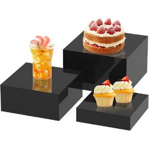 Buffet Risers 3Pcs Food Display Risers for Party Buffet Risers and Stands 6" 7" 8" Food Risers for Buffet Table Acrylic Black Cube Boxes Nesting Risers for Catering Dessert with Hollow Bottoms
