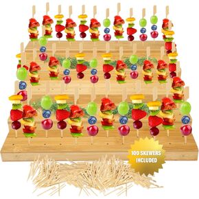 Bamboo Skewer Holder Food Display Stands 5-Tier With 100 Pcs Bamboo Skewers | Ideal For Party, Appetizer, Buffet, Cocktail, Catering Events | 120 Hole Skewer Holder Bamboo