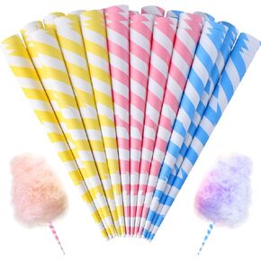 Cotton Candy Cones 60PCS, Multicolor Cotton Candy Paper Cones for Cotton Candy Making, Candy Making Supplies, Colorful Sticks for Birthday,Parties,Festivals (Blue/Pink/Yellow)