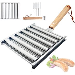 Hot Dog Roller for Grill, Innovative Stainless Steel Grill Hot Dog Roller with Removable Wooden Handles, Ideal for Parties and Outdoor Grilling Portable Barbecue Essentials Tools
