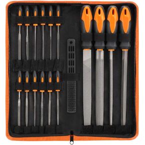 17Pcs File Tool Set with Carry Case,Premium Grade T12 Drop Forged Alloy Steel, Precision Flat/Triangle/Half-round/Round Large File and 12pcs Needle Files/1 brush