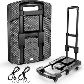 Folding Hand Truck 600lbs, Portable Heavy Duty Dolly Cart, 6 Wheels Collapsible Luggage Cart with 2 Elastic Ropes - Compact Trolley Cart for Easy Moving - Ideal Hand Cart for Travel and More
