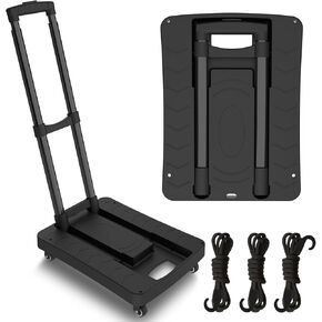 Folding Hand Truck, Portable Push Cart & Luggage Dolly Cart with 2 Braking Swivel Wheels and 3 Bungee Cords for Backpack, Travel, Moving, and Office Use