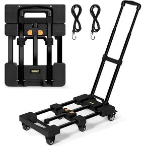 Folding Hand Truck, Dolly Cart with 6 Wheels (2 with Brake) & 2 Elastic Straps, 500 LB Heavy-Duty Trolly Cart for Moving, Luggage, Car Seat, Garden Plant, Camping,26" Max Extendable Plate,Black
