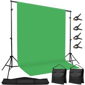 10x7ft Adjustable Photography Backdrop Stand Kit – Photo Studio Background Support with 4 Crossbars, 4 Clamps, 2 Sandbags (with 10 * 7 Feet Green Backdrop Curtain)