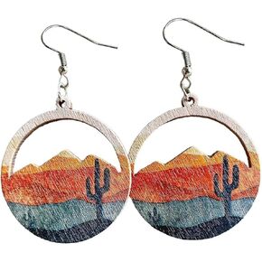 Azusa Sun Desert Cactus Personality Earrings for Women and Girls Western Sunrise Sunset Diamond Wooden Earrings Outdoor Enthusiast Jewelry Gifts