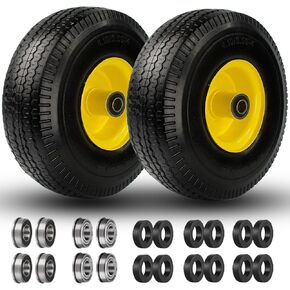 4.10/3.50-4" Flat Free Tire and Wheel, 10" Solid Tire with 5/8" Axle Bore Hole with 3/4" & 1/2" Extra Bearings, 2.2" Offset Hub for Wheelbarrow Hand Truck Garden Wagon Cart Trolley Dolly Lawn Mover