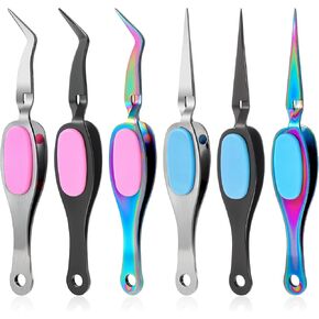 6 PCS Reverse Tweezers Craft Tweezers Crossing Lock Curved Stainless Steel Soft Grip Precision Tweezers for DIY Craft, Eyelash Extensions, Jewelry, Beading, Electronics, Laboratory Work