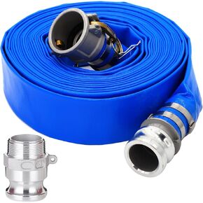 DAVCO 2" ID × 100 ft PVC Lay Flat Discharge Hose, Heavy Duty Reinforced Blue Pool Backwash Hoses For Swimming Drain Pools, with Aluminum Camlock C and E Fittings, Cam Lock Fitting Type F included