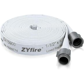 ZYfire Fire Hose - 1-1/2" ID x 100 FT Single Jacket EPDM Fire Hose Firefighter Hose with M × F NST/NH Aluminum Couplings White Industrial Hose Lightweight Lay Flat Water Hose for Use in Firefighting