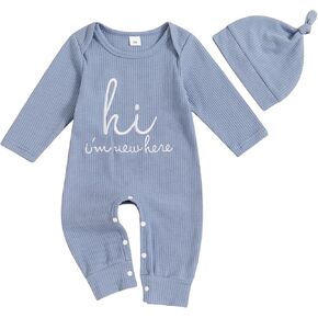 FIOMVA Im New Here Newborn Outfit Boy Long Sleeve Letter Romper Ribbed Knit Jumpsuit Baby Boy Preemie Coming Home Outfit