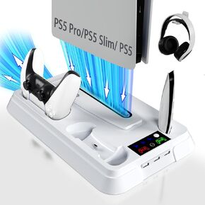 PS5 Cooling Station, Coooudqs PS5 Slim Stand with Controller Charging Station for PlayStation 5, PS5 Accessories Kits with 3 Levels Cooling Fan, Headset Holder for PS5 Digital/Disc-White