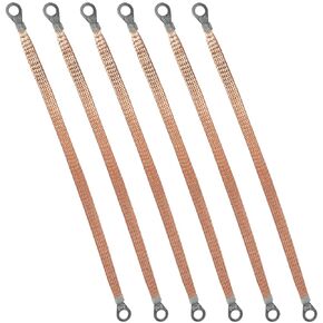 6pcs Flat Copper Braided Connecting Wire 11.8 Inch Round Hole Braided Copper Ground Strap for High Voltage Equipment, Ground Lead and Shielding