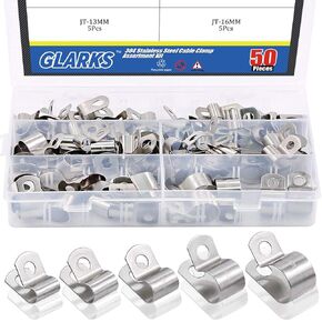 Cable Clamp Assortment Kit, Glarks 50Pcs 304 Stainless Steel 1/4'' 5/16'' 3/8'' 1/2'' 5/8'' Electrical Metal Clamp Set