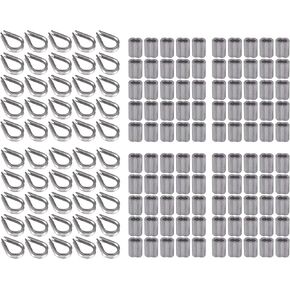 Proster 100pcs 1/8" Wire Rope Aluminum Crimping Sleeve Crimps, and 50pcs M3 304 Stainless Steel Thimble Rigging for Wire Rope Cable
