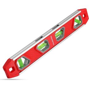 WORKPRO 12 Inch Torpedo Level, Magnetic Small Leveler Tool, Plumbing Level with Pitch Vial, Aluminum Reinforced, 4 Bubbles, V-Groove for Conduit Bending