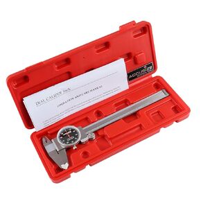 Accusize Industrial Tools 0-6" x 0.001" (Range x Resolution) Dial Caliper, Black Face Red Needle, Stainless Steel in Fitted Box, P920-B216